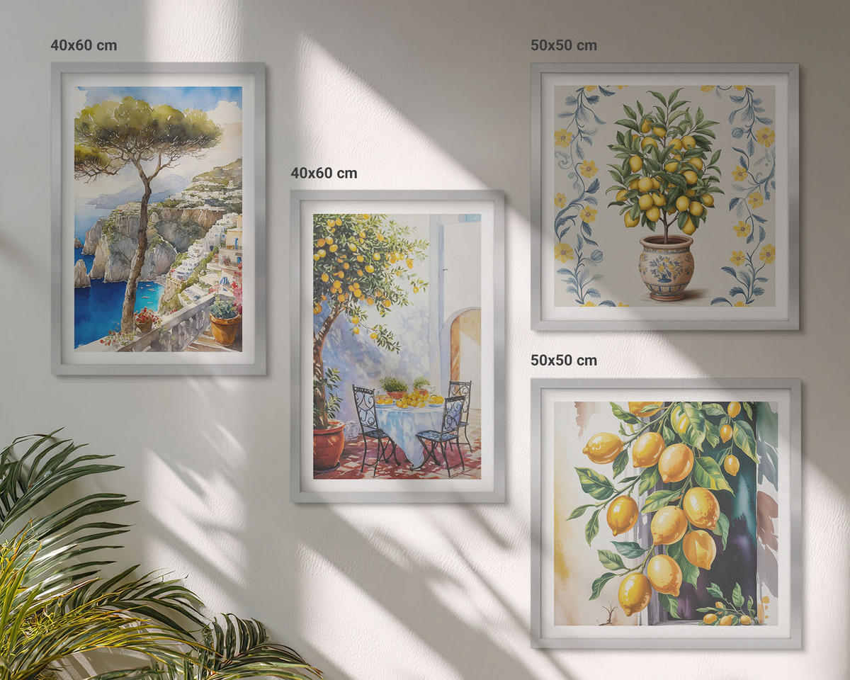 WANDBILDER 4er Set - 50x50 cm & 40x60 cm Silberner Rahmen - Zitronenbäume am Meer - Silberfarben, Kunststoff (50/50cm) - ArtPrintCave