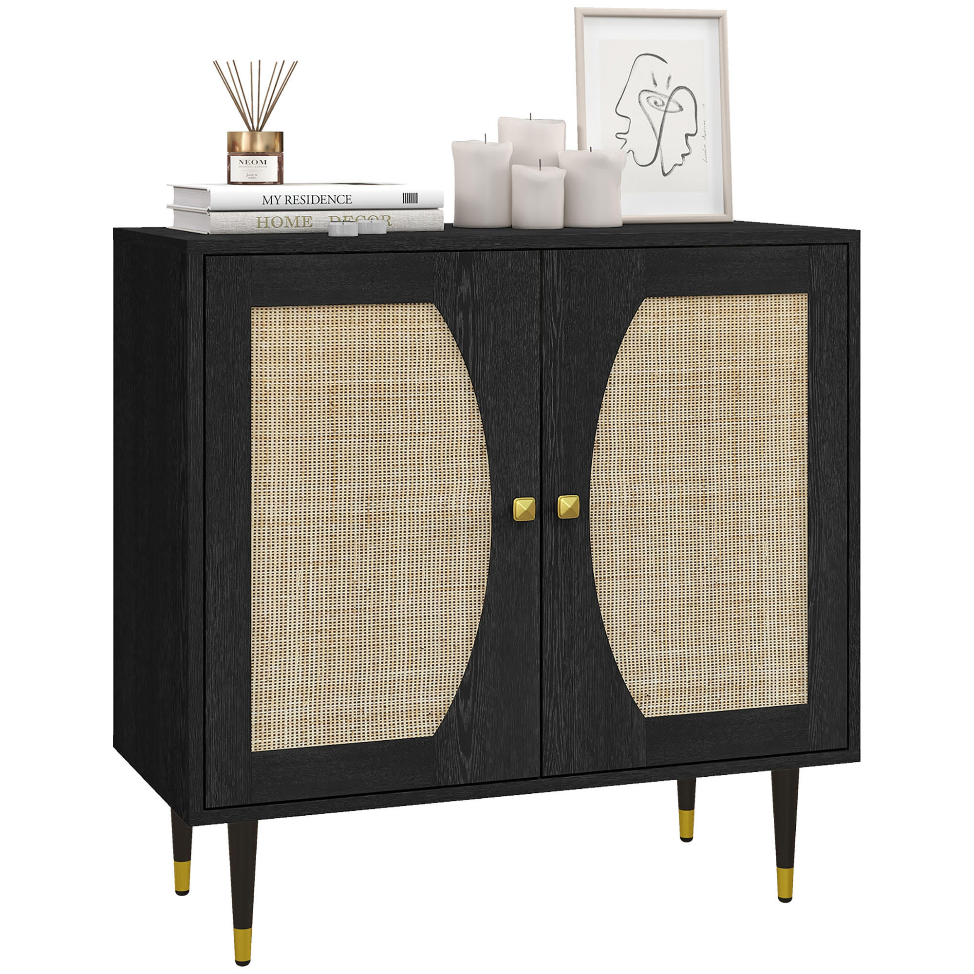SIDEBOARD DE-11084 Boho-Design mit 2 Türen & Rattan-Front Schwarz - Schwarz, Holzwerkstoff (80/79/38cm) - ComfortXL