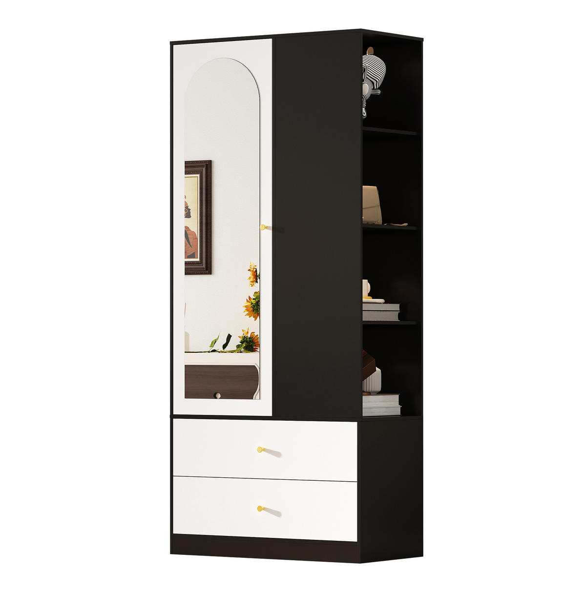 ŠATNÍK 40/80/180 cm biely a čierny z drevotriesky so zrkadlom, 2 zásuvkami a 4 policami - biela, kompozitné drevo (40/180/80cm) - OKWISH