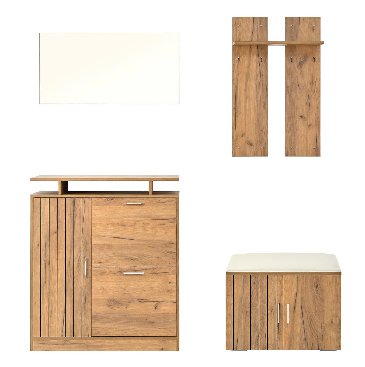 FLUR-GARDEROBEN-SET 140/35/133 cm aus Spanplatte mit Spiegel und gepolsterter Schuhbank Natur - Naturfarben, Holzwerkstoff (140/133/35cm) - Modenvie