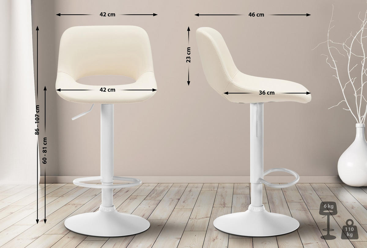 BARHOCKER JAKSON Creme Kunstleder Weiß - Creme, Leder/Metall (42/86/46cm) - DELUKE