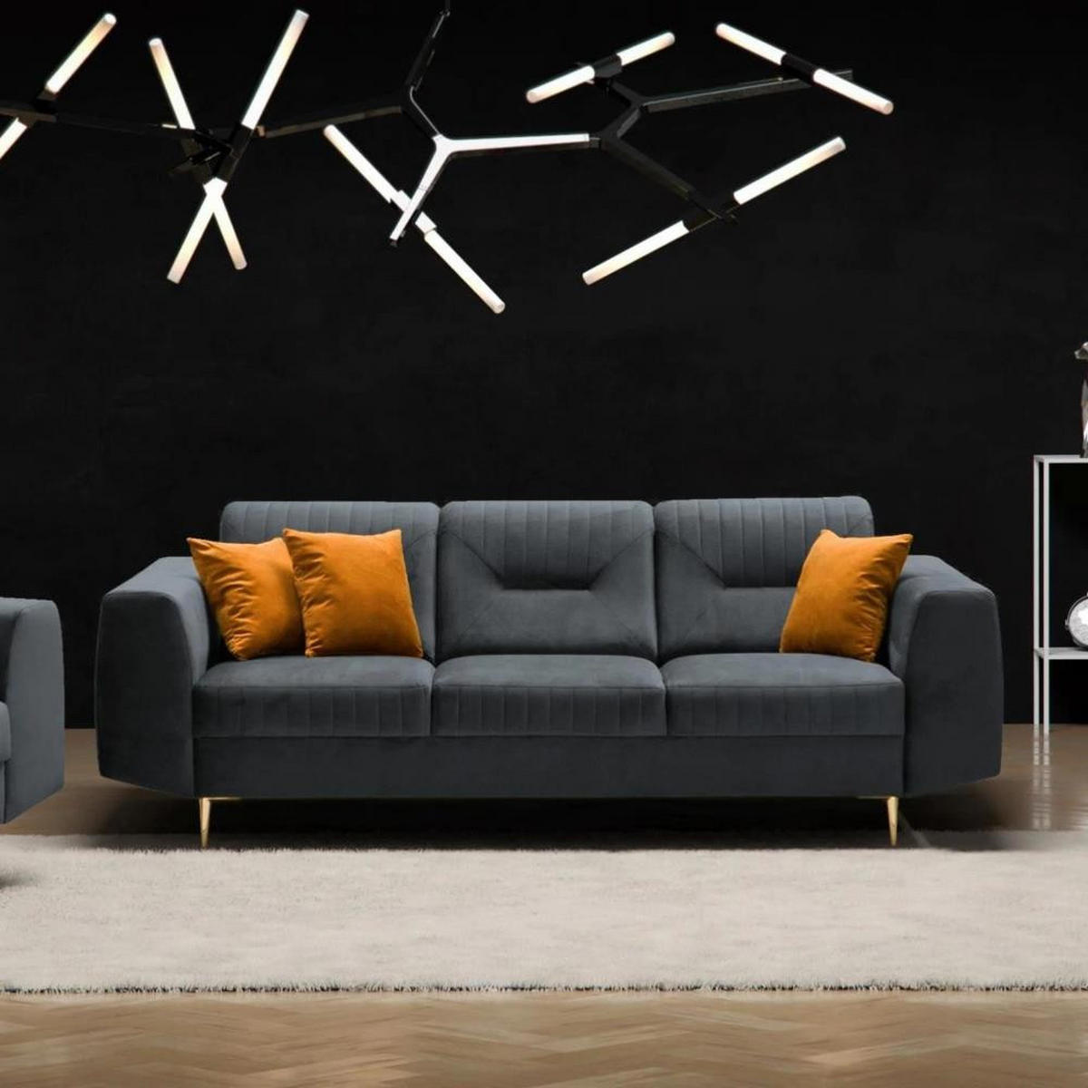 3-SITZER SOFA Venezia dunkelgrau mit goldenen Beinen - Dunkelgrau/Goldfarben, Textil (233/85/94cm) - Beautysofa