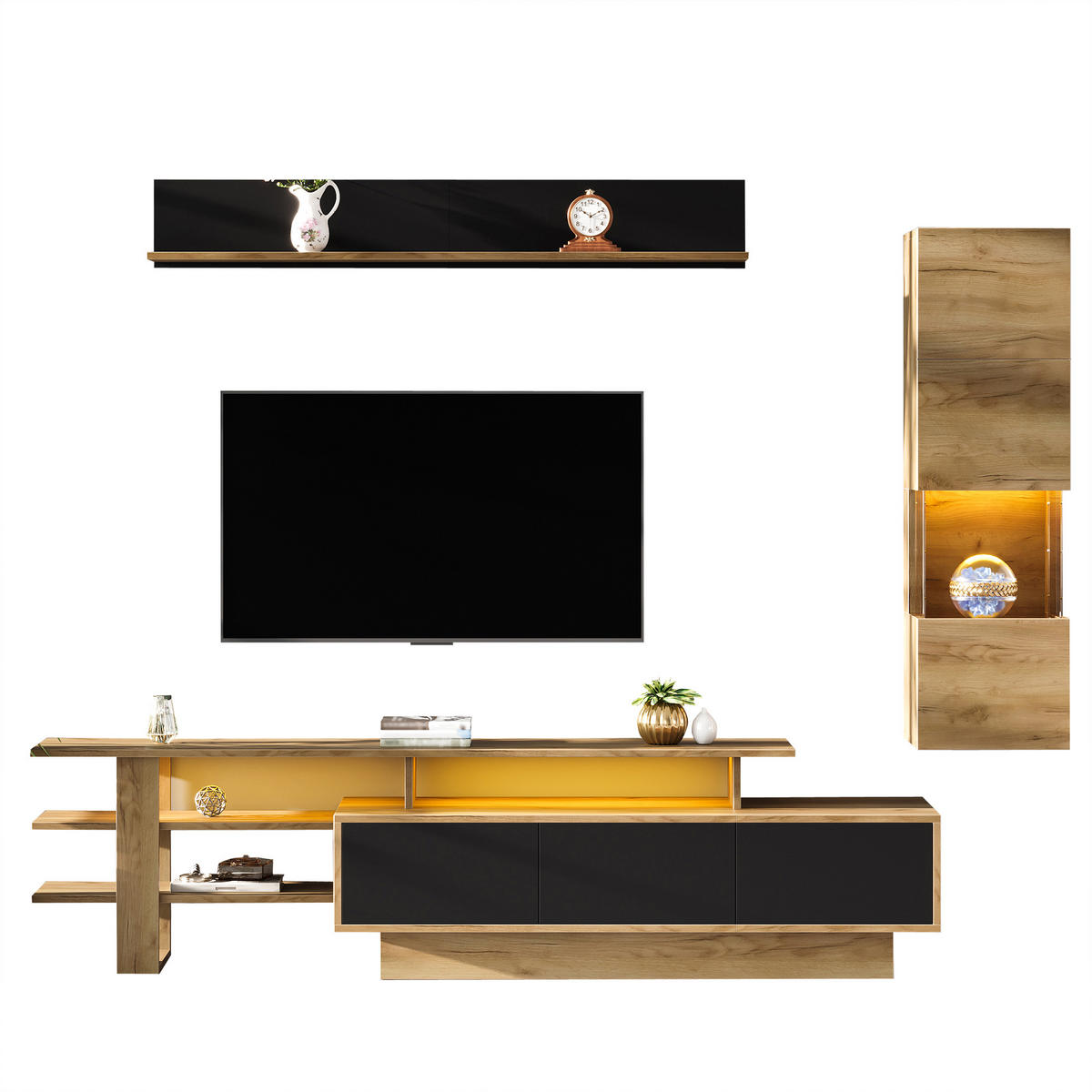 TV-ELEMENT 180/40/45 cm Natur + Schwarz mit LED Beleuchtung und 3 Schublade (3 Stück) - Schwarz, Holz (180/45/40cm) - Oxeza