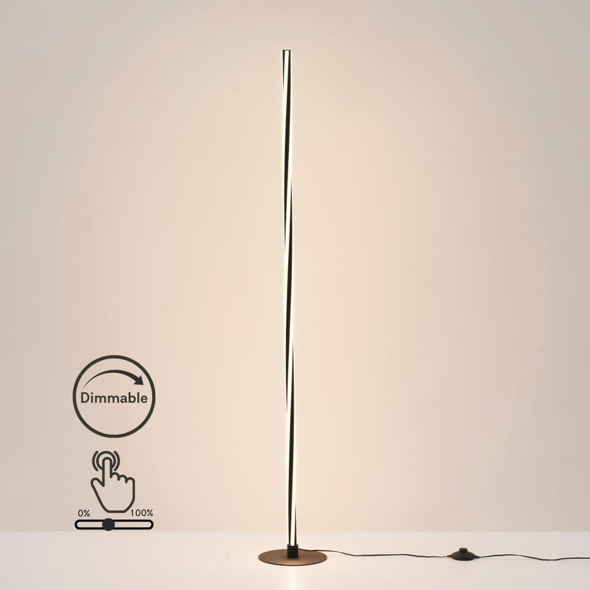 STEHLEUCHTE Telvo, Schwarz, 148cm, Dimmbar - Schwarz, Metall (148/20/148cm) - KOSILUM