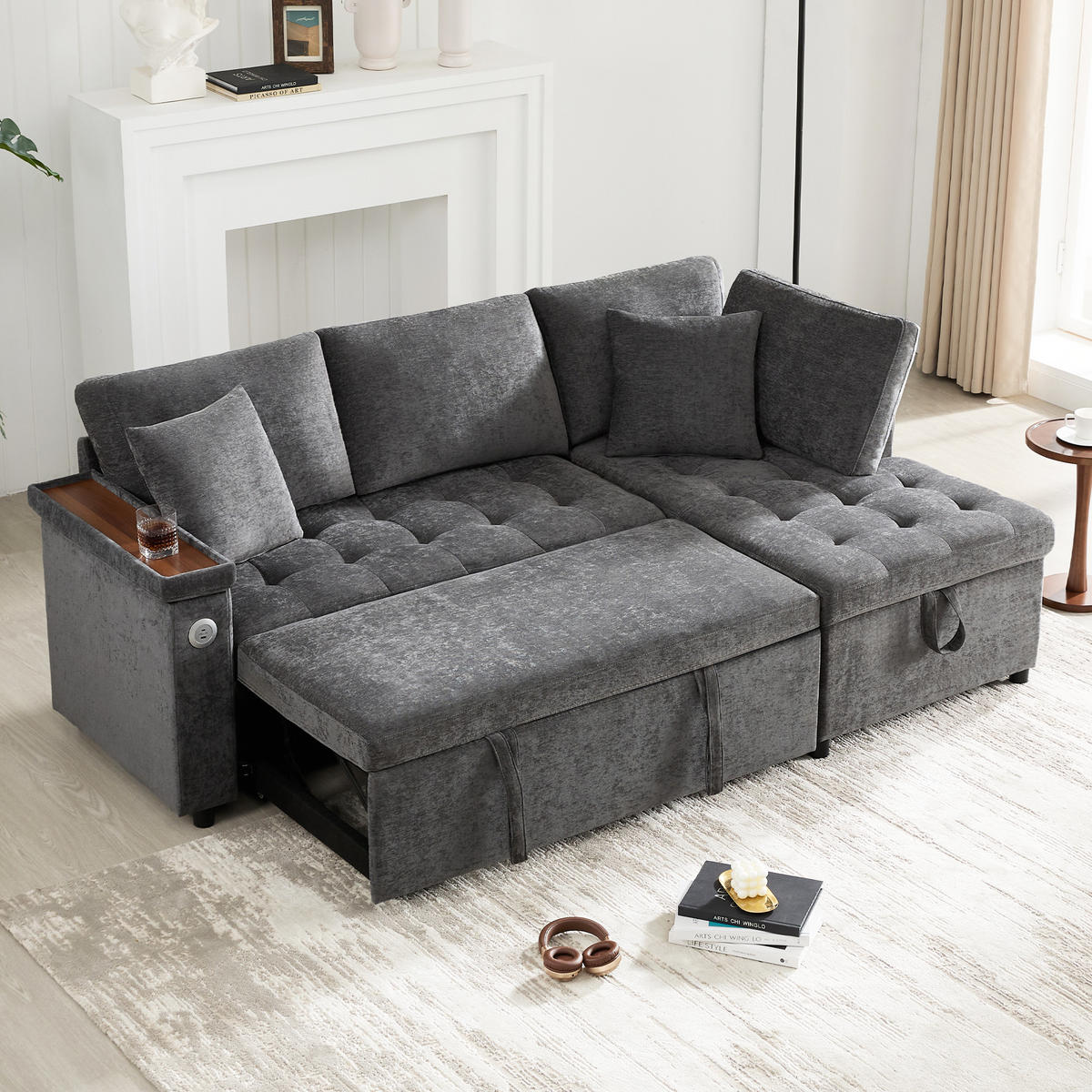 SCHLAFSOFA L-Form mit Stauraum, USB und 2 Kissen, Grau - Dunkelgrau, Textil (209/84/130cm)