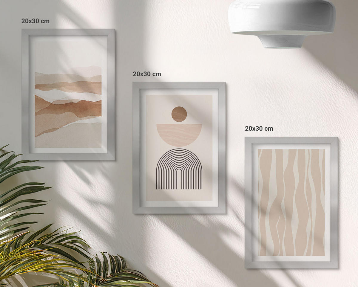 WANDBILDER 3er Set - 20x30 cm Silberner Rahmen - Abstrakte Landschafts- und Naturgeometrie - Silberfarben, Kunststoff (20/30cm) - ArtPrintCave