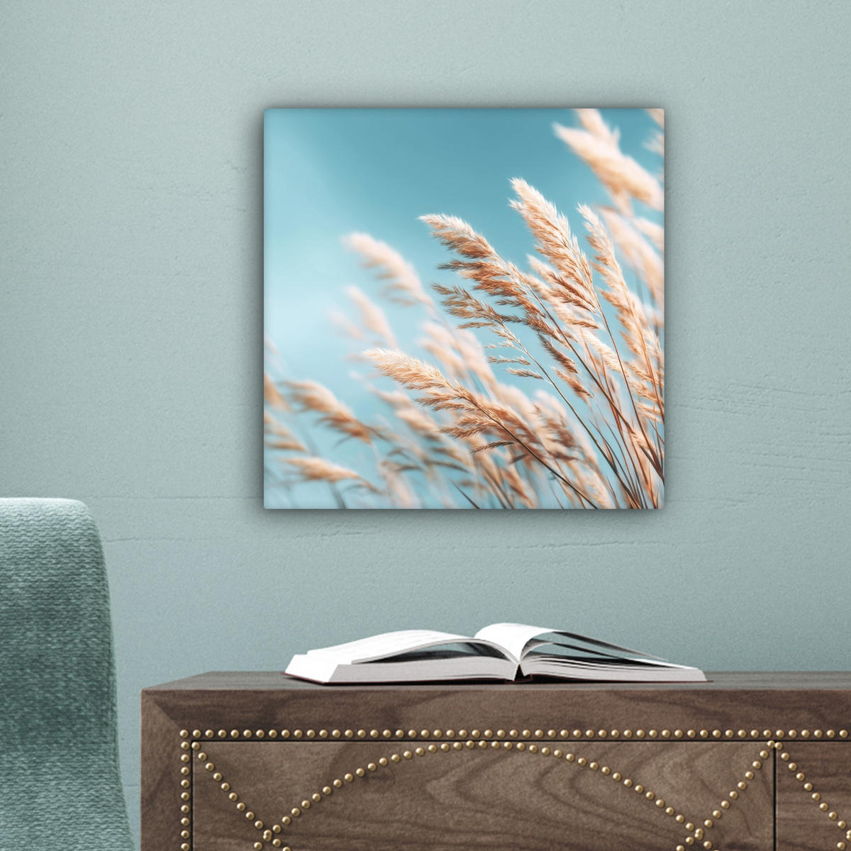LEINWANDBILD Ziergras - Wind - Hellbraun Deko Wohnzimmer 20x20 cm - Hellblau, Textil (20/20cm) - MuchoWow