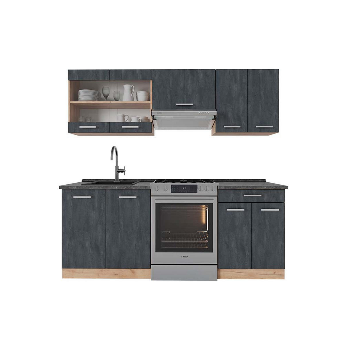KÜCHENZEILE R-Line Schwarz Beton/Goldkraft Eiche 200 cm AP Anthrazit - Eiche Wotan/Schwarz, Holzwerkstoff (200/81.6/60cm) - Vicco
