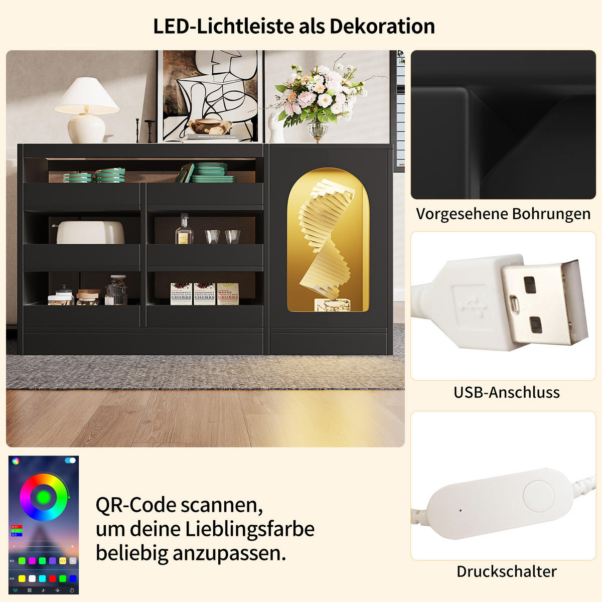 SIDEBOARD, 6 Schubladen, LED-Beleuchtung, Modern, Schwarz - Schwarz, Holzwerkstoff (40/75/120cm) - FLIEKS