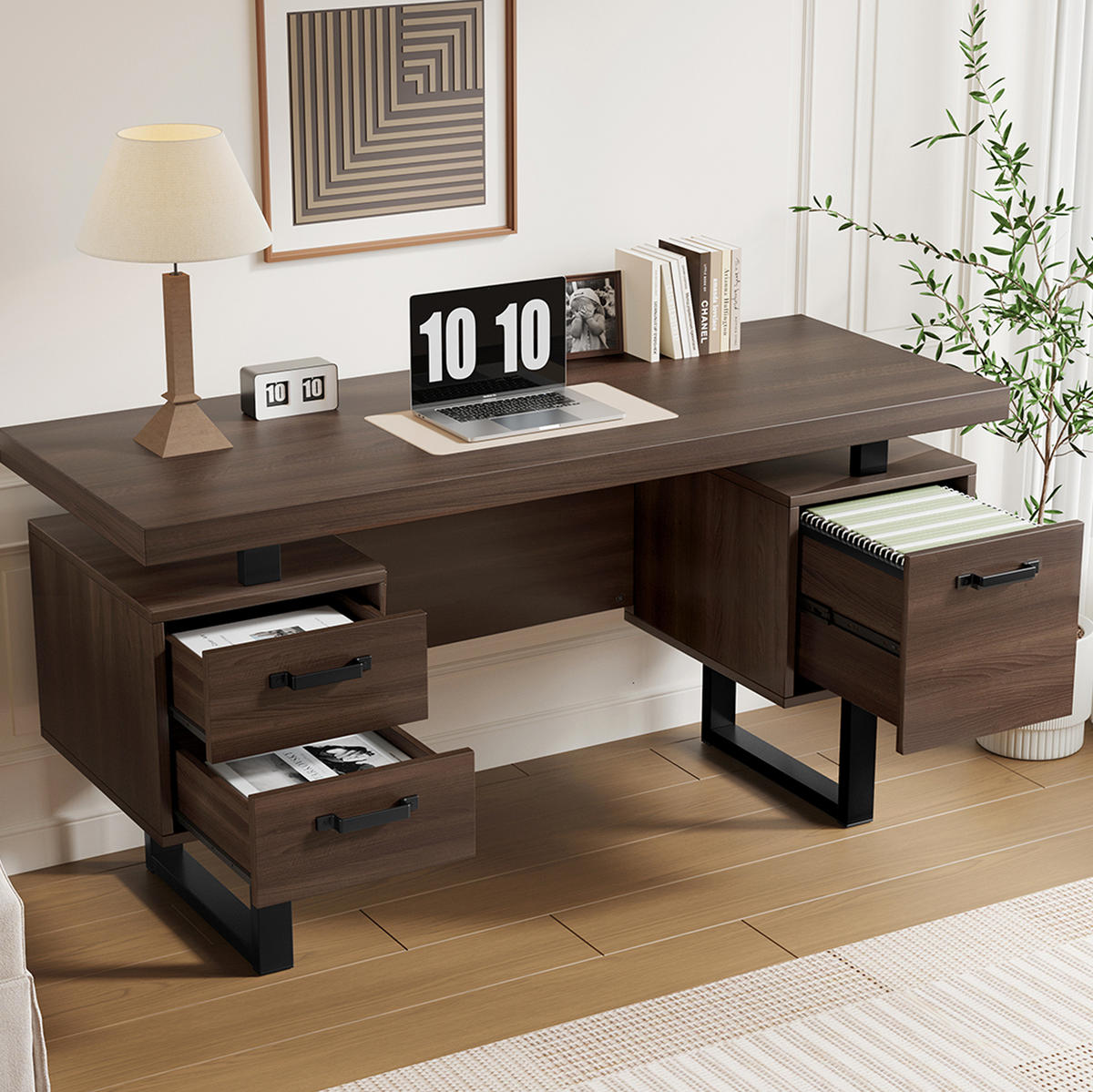 SCHREIBTISCH 135/54/76 cm dunkelbraun mit geräuschlosen Schubladen und Ablagefach - Dunkelbraun, Holzwerkstoff (135/54/76cm) - OKWISH