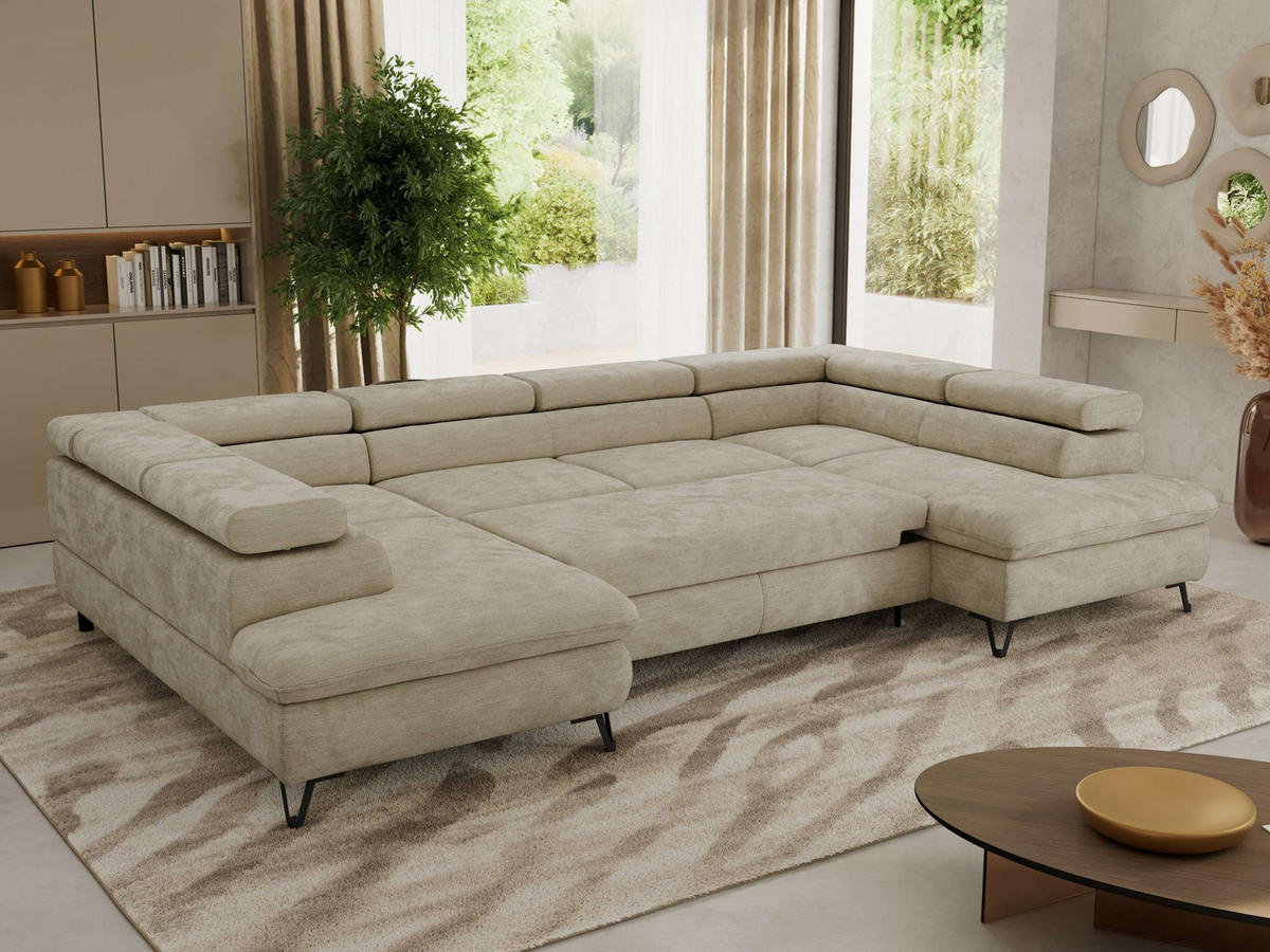 WOHNLANDSCHAFT PABLO U Schenille glatt Beige - Beige/Schwarz, Textil/Metall (346/76/208cm) - MKS