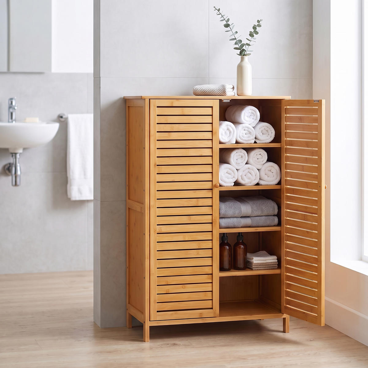 BOTNÍK Prírodná bambus 5 priehradiek 87,5x66x33 cm - svetlohnedá, drevo (66/87.5/33cm) - Relaxdays