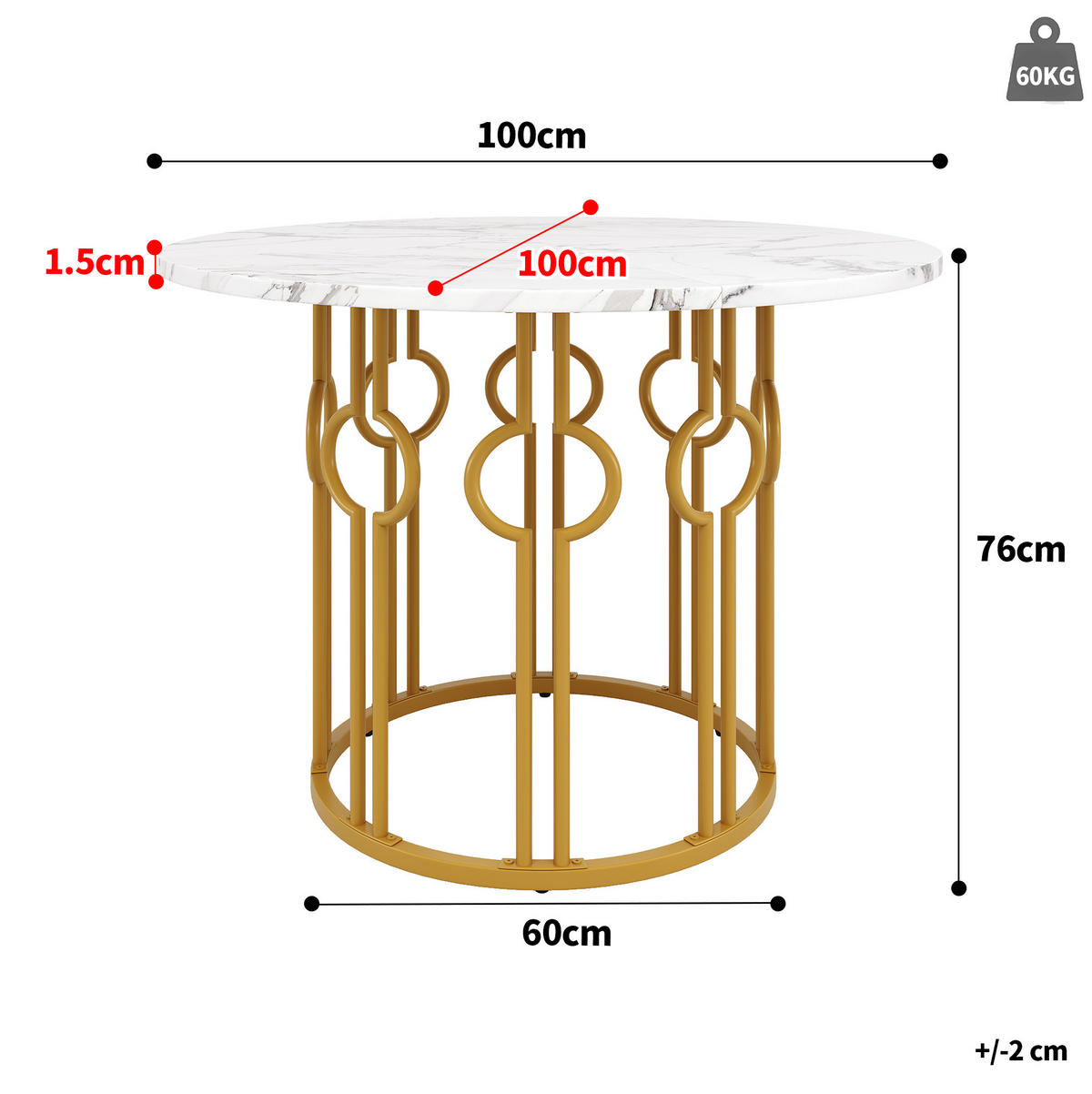 ESSTISCH 100/100/76 cm mit verstellbaren Füßen und marmorierter MDF-Tischplatte, Weiß/Goldfarben - Goldfarben, Holzwerkstoff (100/100/76cm) - Redom