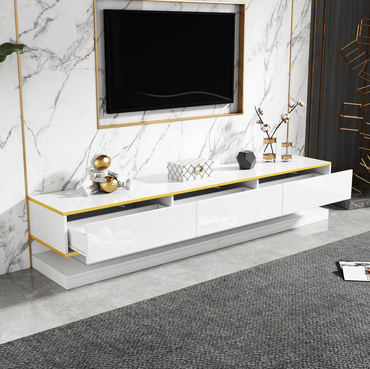 TV ormarić 200/40/40 cm toplo bijeli od iverice s 3 ladice i otvorenim policama - bijela, drvni materijal (200/40/40cm) - OKWISH