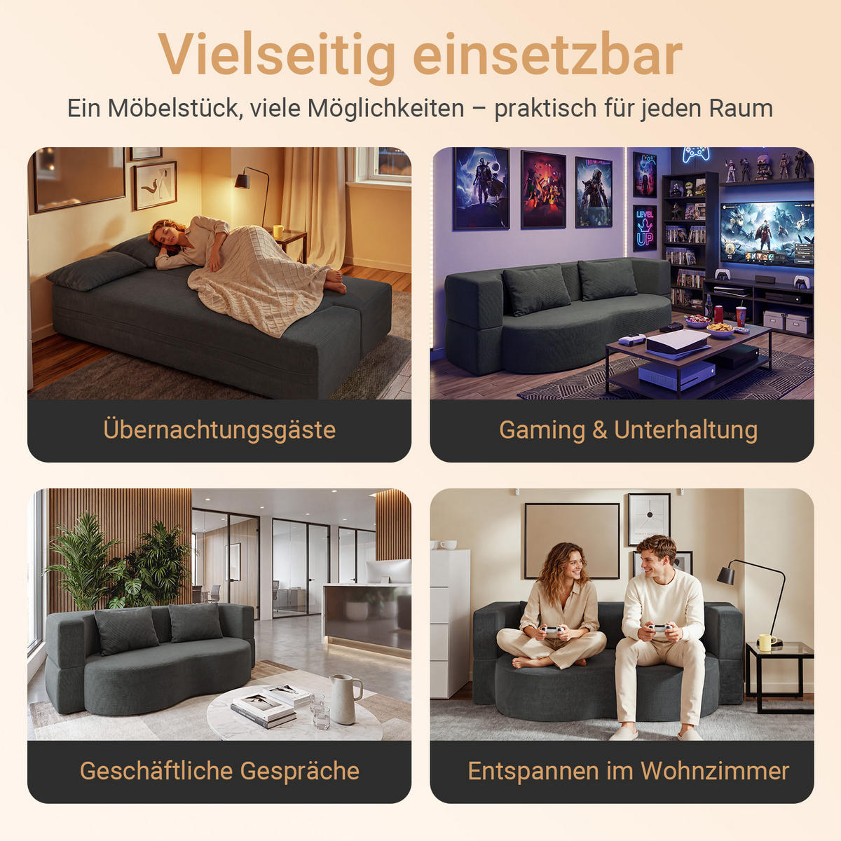 SOFA ausziehbar FST101-DG - Dunkelgrau/Ahornfarben, Fell/Textil (177/32/107cm) - SoBuy