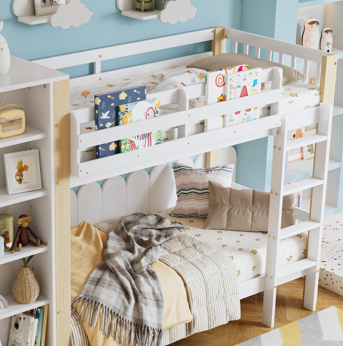 ETAGENBETT 90/200 cm in Weiß/Natur mit Kleiderschrank und Regalen - Weiß, Holzwerkstoff (90/200cm) - BEAOK
