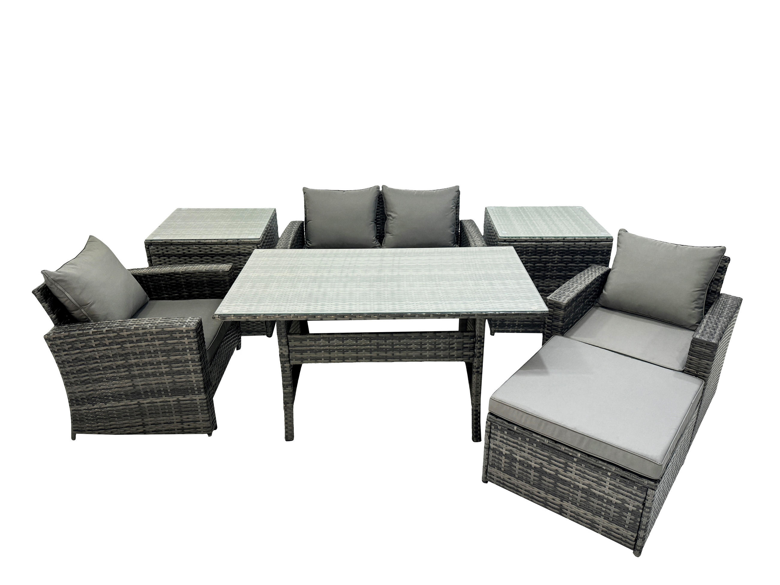 GARTENMÖBELSET mit 2 Sesseln,Zweisitzer,Fußhocker,Esstisch,2 Beistelltischen Polyrattan Dunkelgrau 5-Sitzer - Dunkelgrau/Grau, Glas/Kunststoff - Fimous