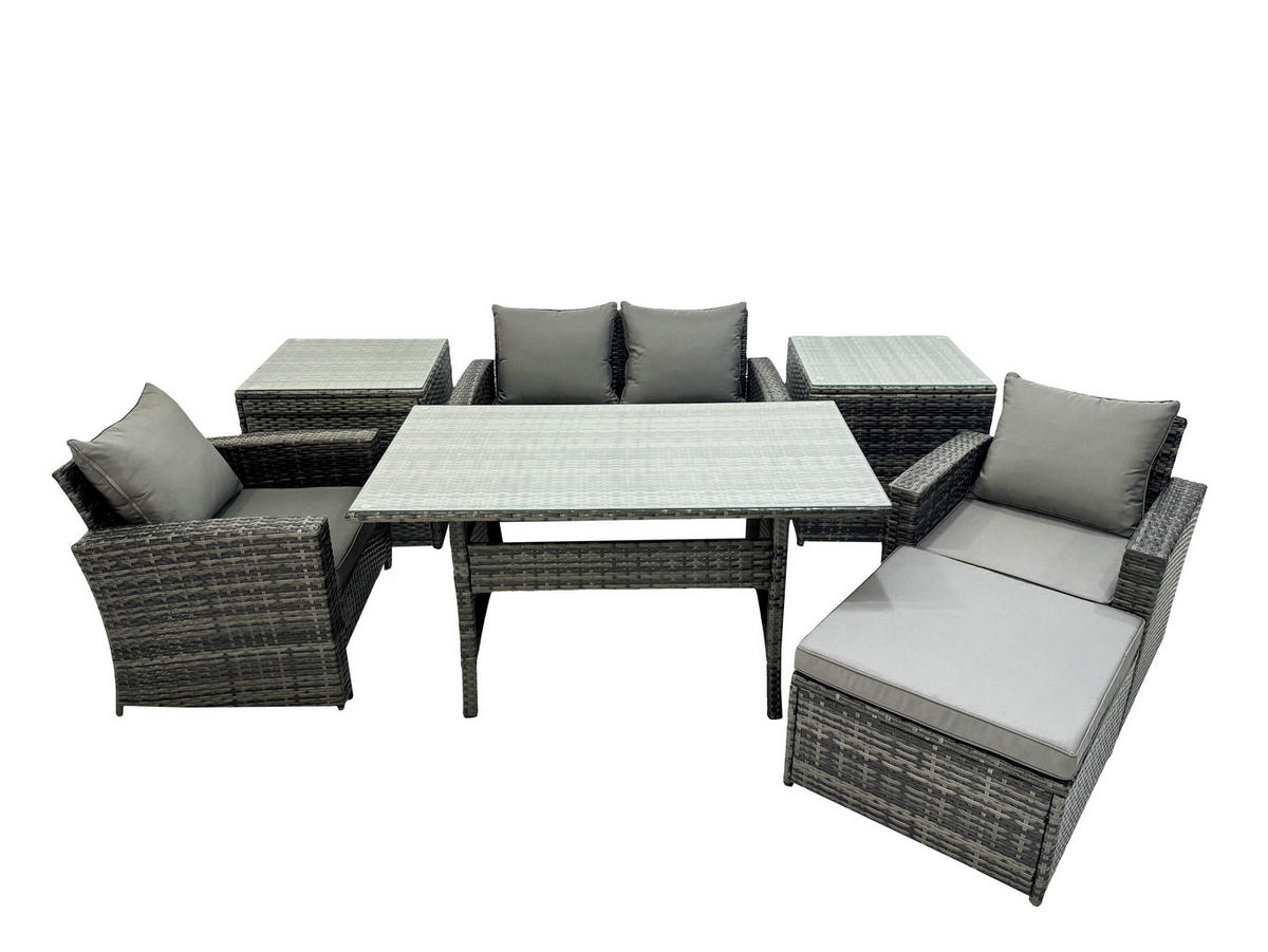 GARTENMÖBELSET mit 2 Sesseln,Zweisitzer,Fußhocker,Esstisch,2 Beistelltischen Polyrattan Dunkelgrau 5-Sitzer - Dunkelgrau/Grau, Glas/Kunststoff - Fimous