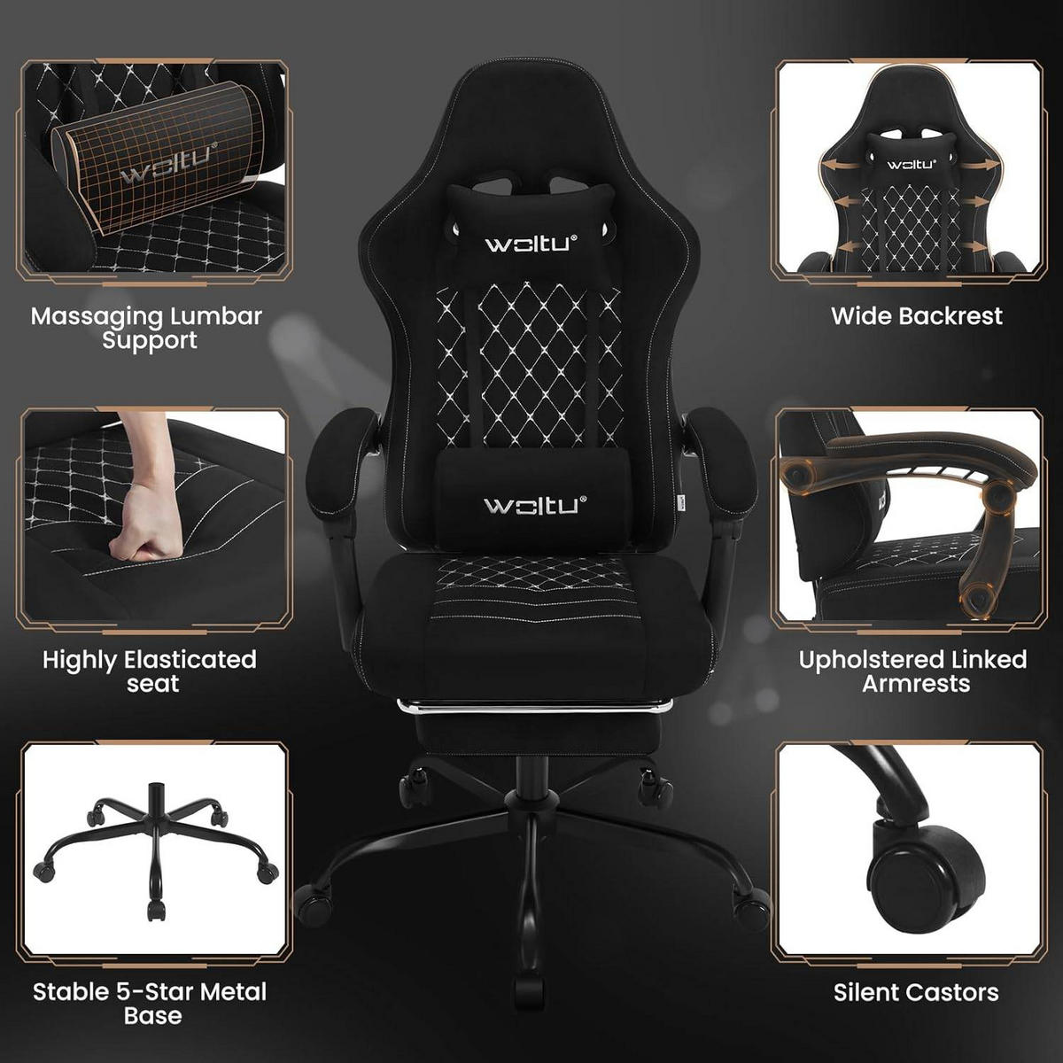 GAMINGSTUHL mit Massagefunktion, Computerstuhl Ergonomisch - Schwarz, Kunststoff/Textil (70/127/70cm) - Woltu