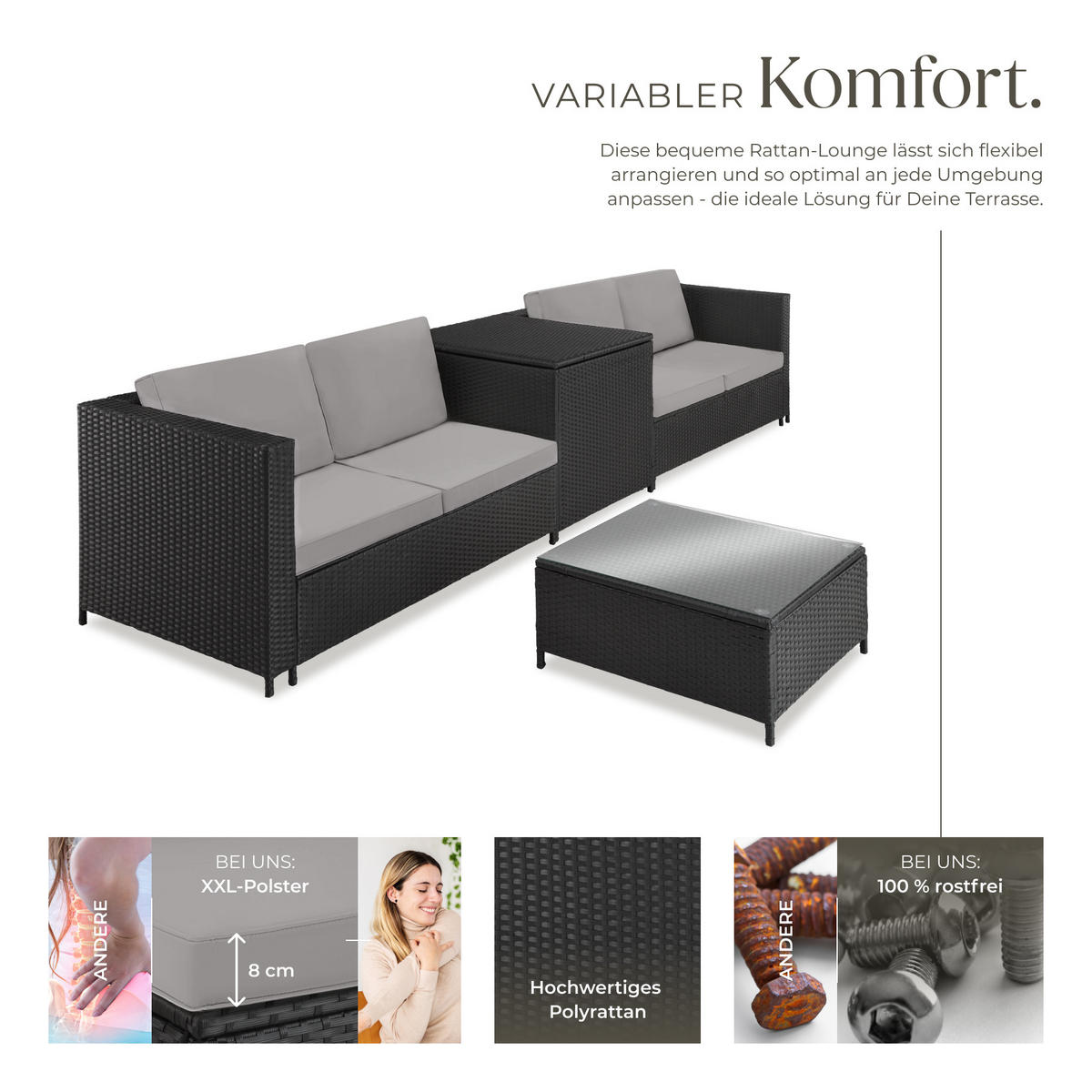 RATTANLOUNGE Siena,mit Sicherheitsglasplatte,schwarz/grau - Schwarz/Grau, Kunststoff - tectake