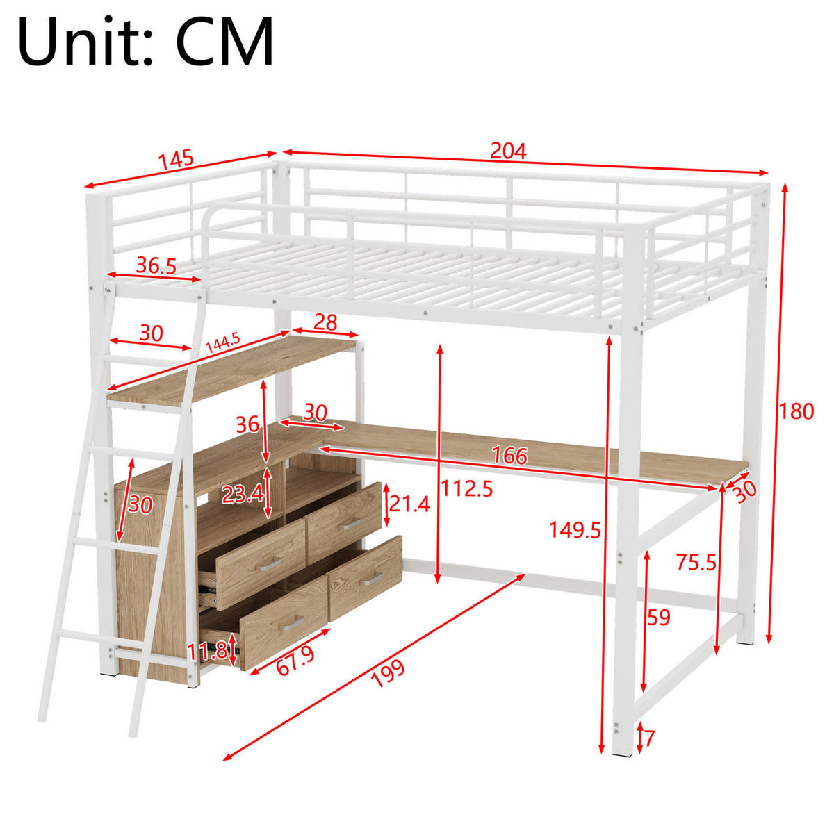 HOCHBETT 140/200 cm, Weiß mit L-förmigem Schreibtisch und 4 Schubladen - Weiß, Metall (140/200cm) - MIVRAY