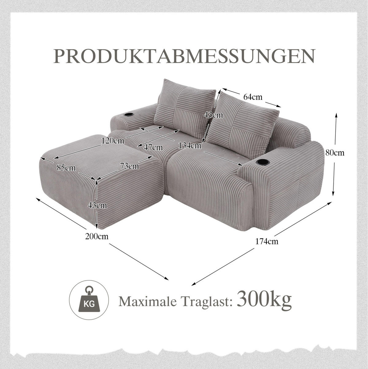 SOFA modular 2-Sitzer mit Hockern 200 x 174 cm Cord Hellgrau - Hellgrau, Kunststoff (174/200cm) - Meubliv