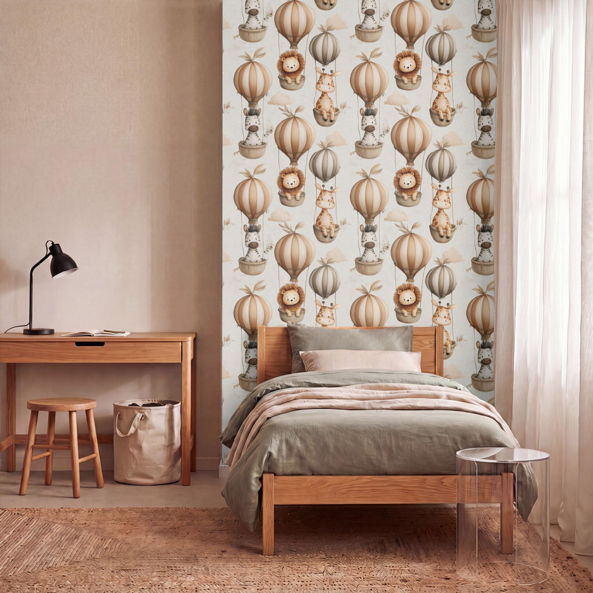 KINDERTAPETE - Safari - Heißluftballons - Taupe - 120x200 cm - Beige, Papier (120/200cm) - OnlyWow
