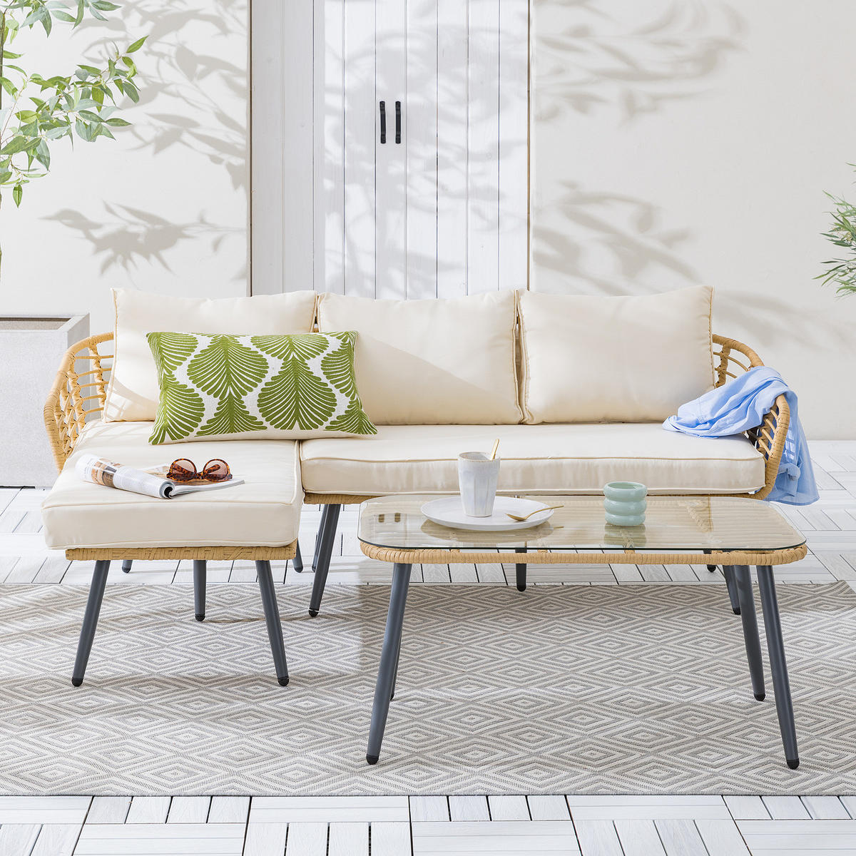 LOUNGESET - Polyrattan / Polyester - Braun / Creme - 3-teilig - Beige/Braun, Glas/Naturmaterialen - home24