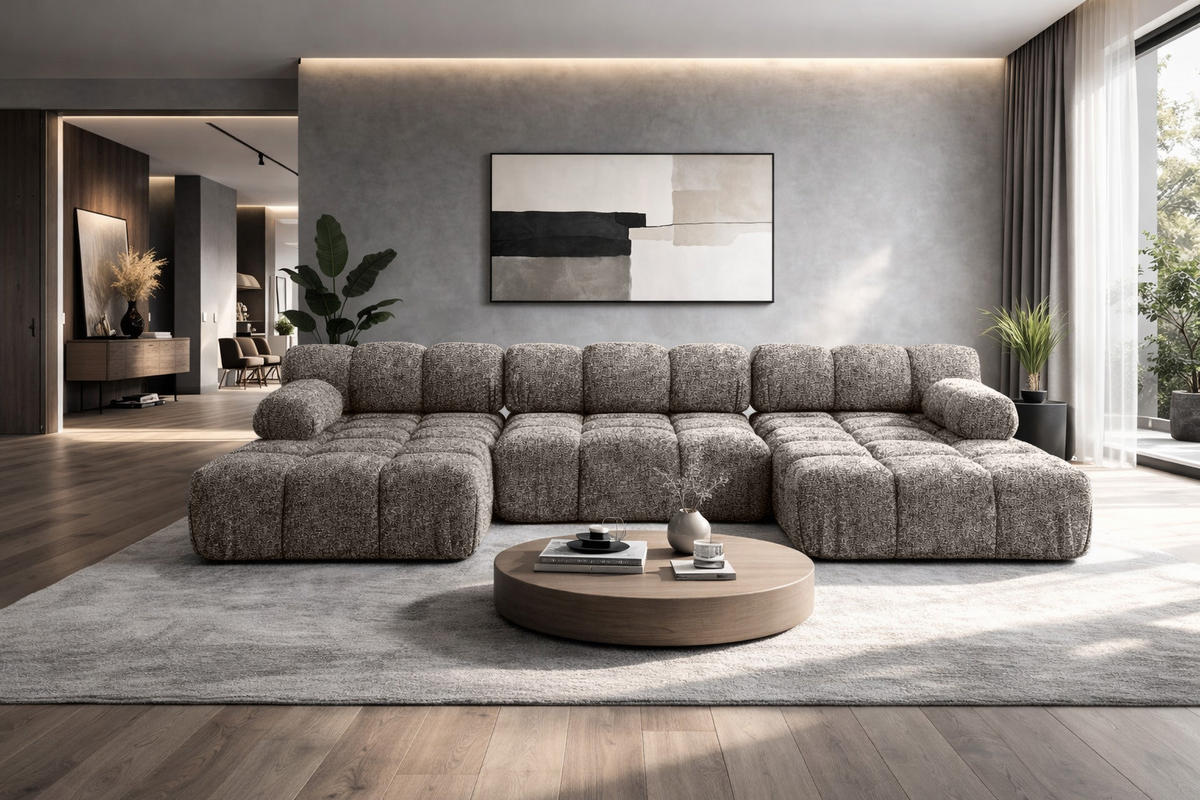 ECKSOFA U-Form, Stoff Bouclé Abriamo, Braun, Selia U - Braun, Holz (285/70/160cm) - Kaiser Möbel