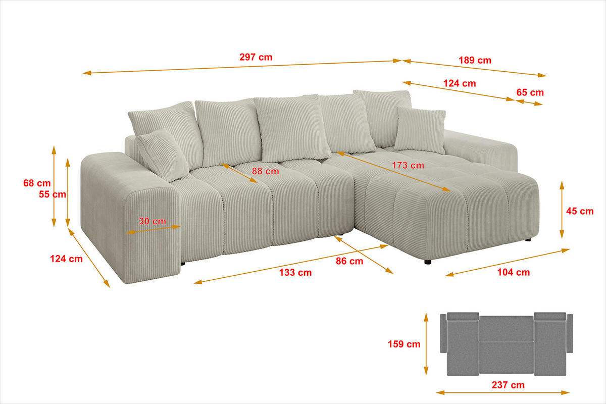 ECKSOFA Ottomane rechts ENIL-L 297x189x68 Hellgrau Cord - Ecru, Holzwerkstoff/Kunststoff (189/297cm) - ALTDECOR