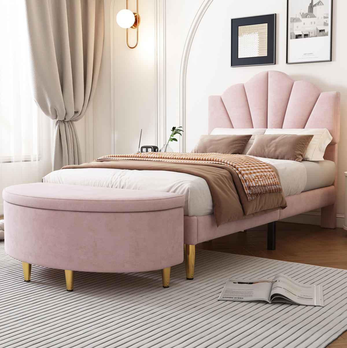 POLSTERBANK 90/40/42 cm Rosa mit Stauraum aus Samt - Rosa, Textil (40/42/90cm) - OKWISH