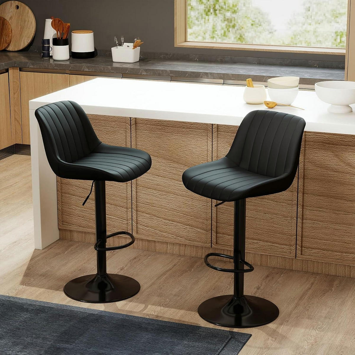 BARHOCKER 2er Set drehbar höhenverstellbar PU-Leder Schwarz - Schwarz, Kunststoff (46/109/37cm)
