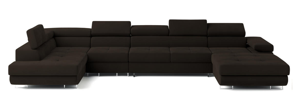 WOHNLANDSCHAFT VELORA L-S Braun Velours-Stoff mit Schlaffunktion - Braun, Holz (419/90/202cm) - MASSENO