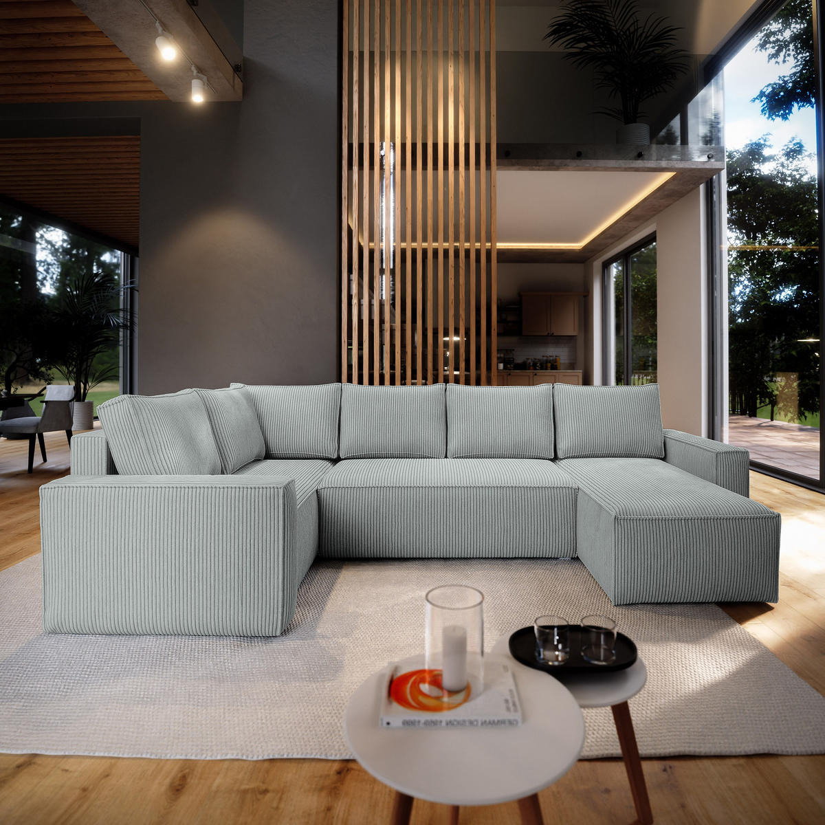 ROHOVÁ SEDAČKA NORENA světle šedá - šedá/světle šedá, dřevo/textil (295/157.5cm) - MASSENO