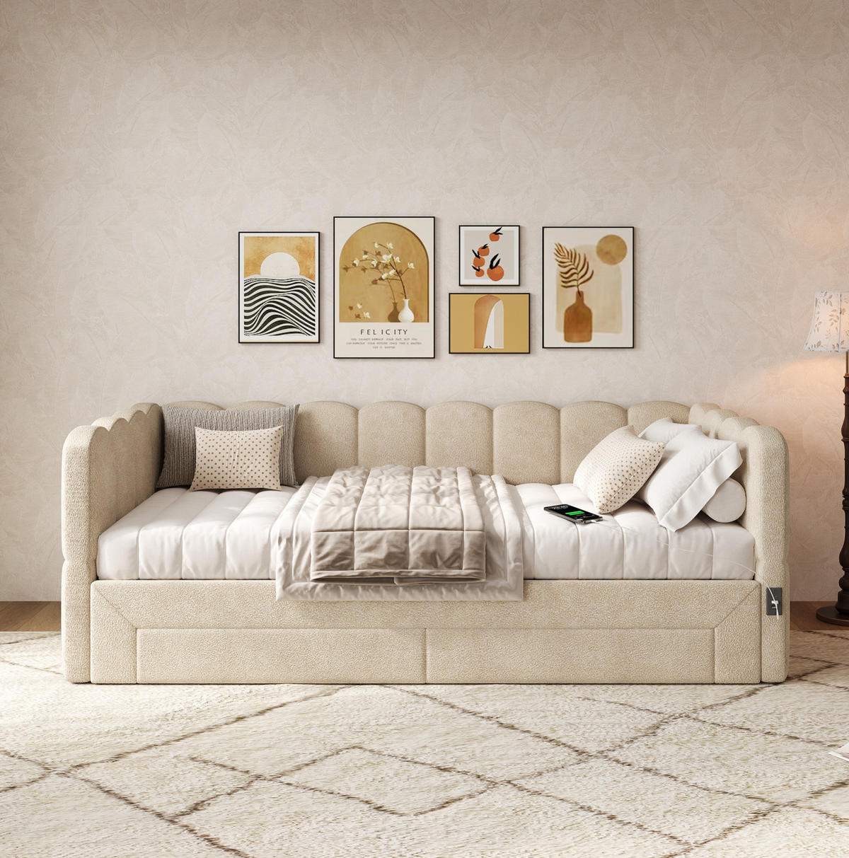 ROZKLÁDACÍ postel 90/190 cm béžová z chenille s USB a úložnými zásuvkami - béžová, textil (90/190cm) - OKWISH