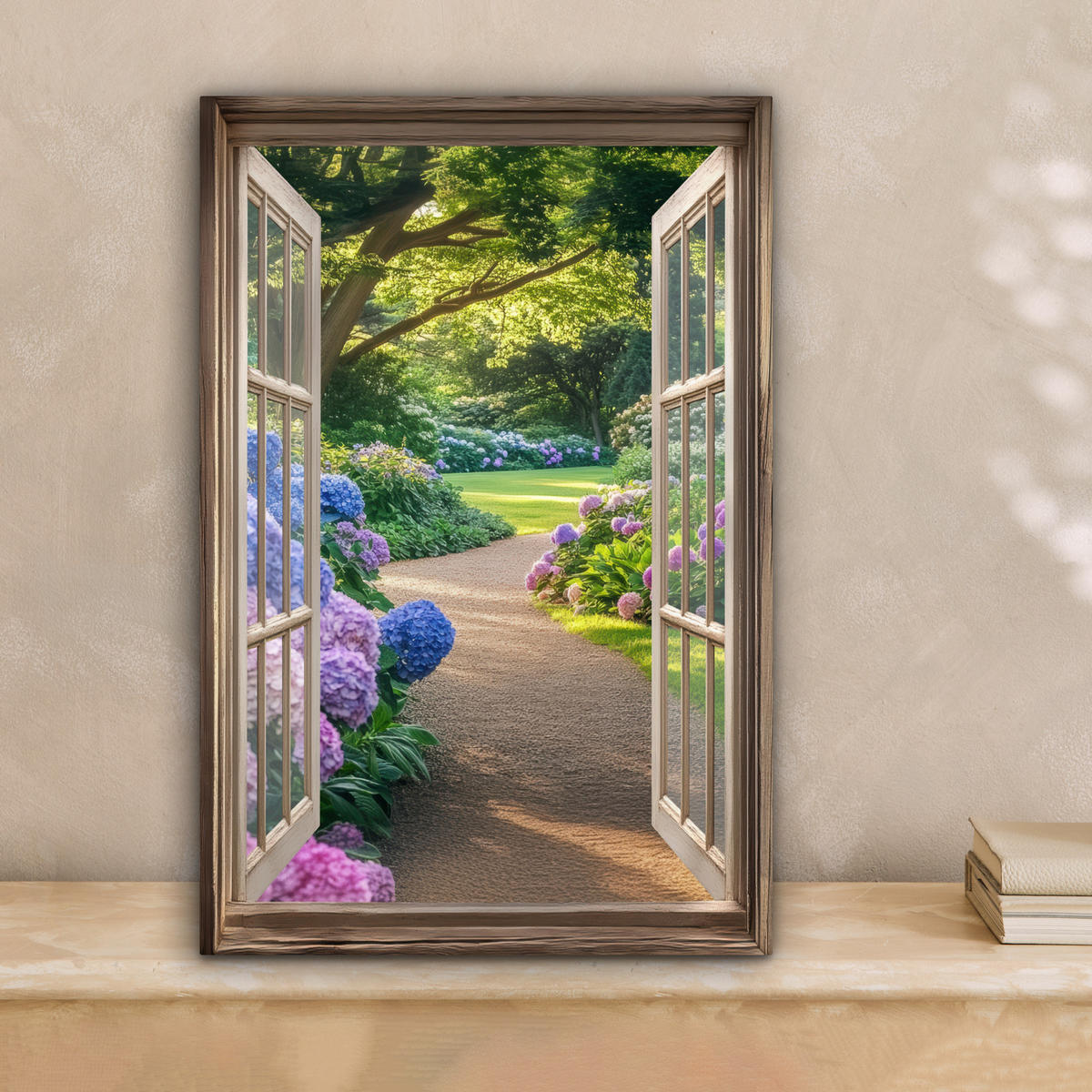 LEINWANDBILD Aussicht - Garten - Fenster - Hortensie - Blumen Deko Wohnzimmer 20x30 cm - Pastellblau, Textil (20/30cm) - MuchoWow