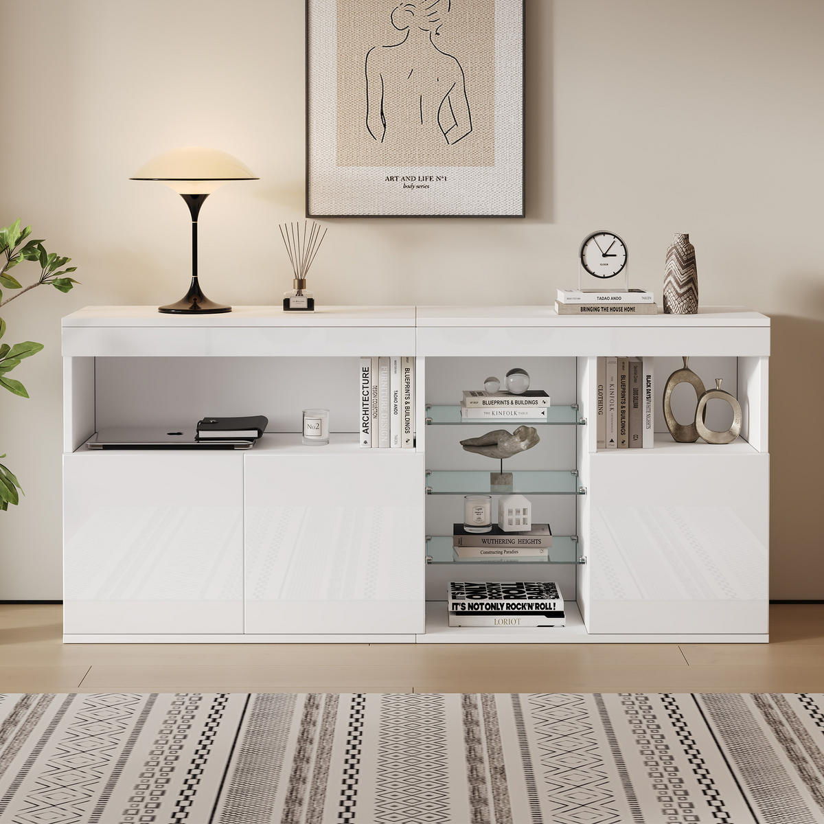 SIDEBOARD LED Hochglanz 3 Türen Glasfächer Weiß 155,5cm modern - Weiß, Holzwerkstoff (35/72/155.5cm) - FLIEKS
