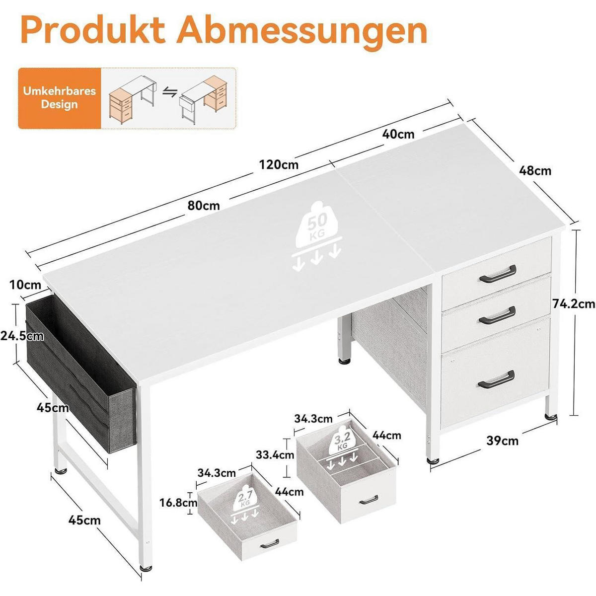 SCHREIBTISCH mit 3 Stoff Schubladen 120 x 48 cm Weiß - Weiß, Holzwerkstoff (120/48/75.7cm)