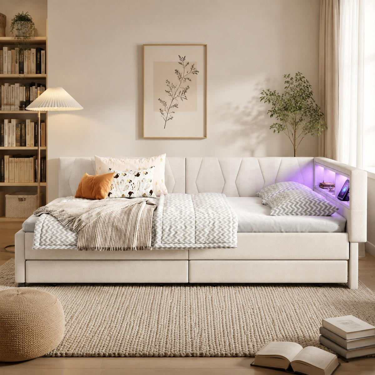 POLSTERBETT 140/200 mit LED, USB/Typ-C, zwei Schubladen, Ablagefächern und Lattenrost aus Leinen in Beige - Beige, Holzwerkstoff/Textil (140/200cm) - EVRYAE