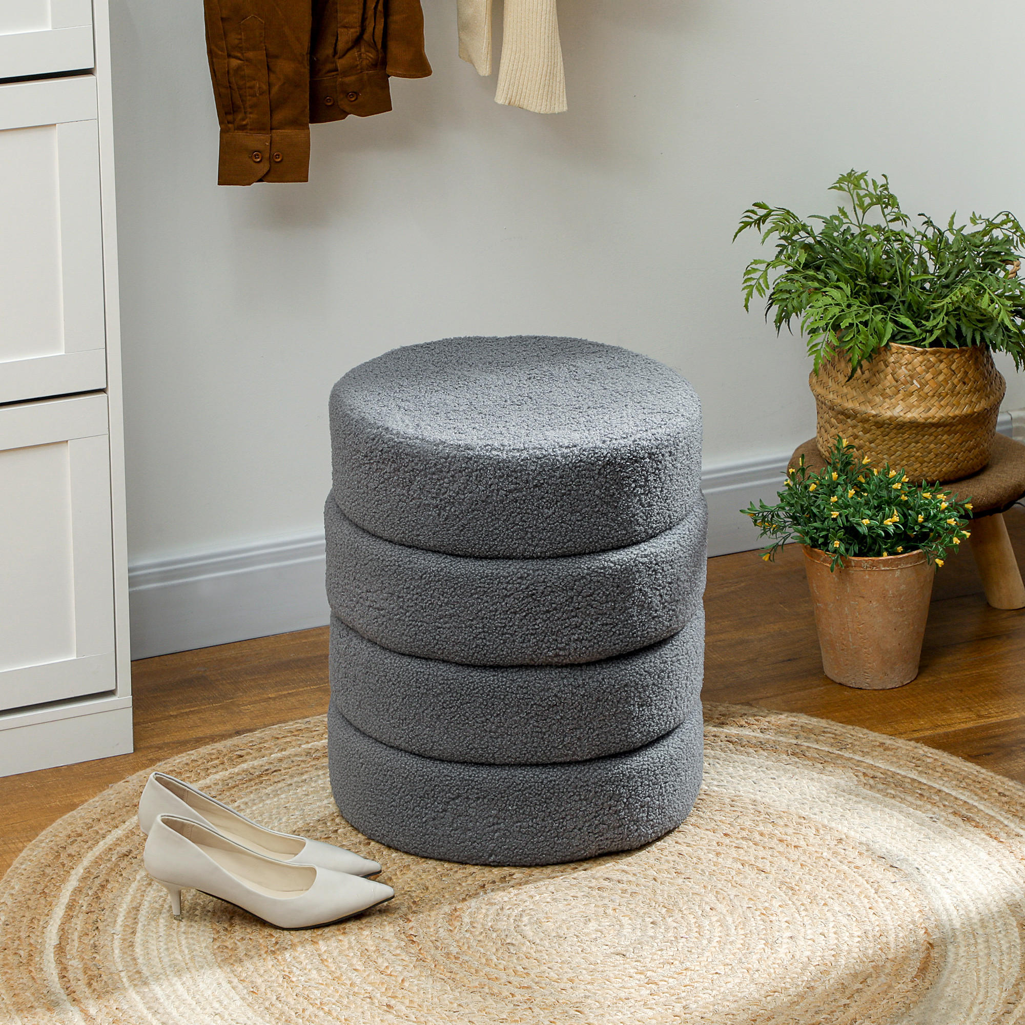 SITZHOCKER, Fußhocker, Runder Polsterhocker, Fußstütze mit Sitzkissen - Dunkelgrau/Naturfarben, Holz/Textil (40/45/40cm) - HOMCOM