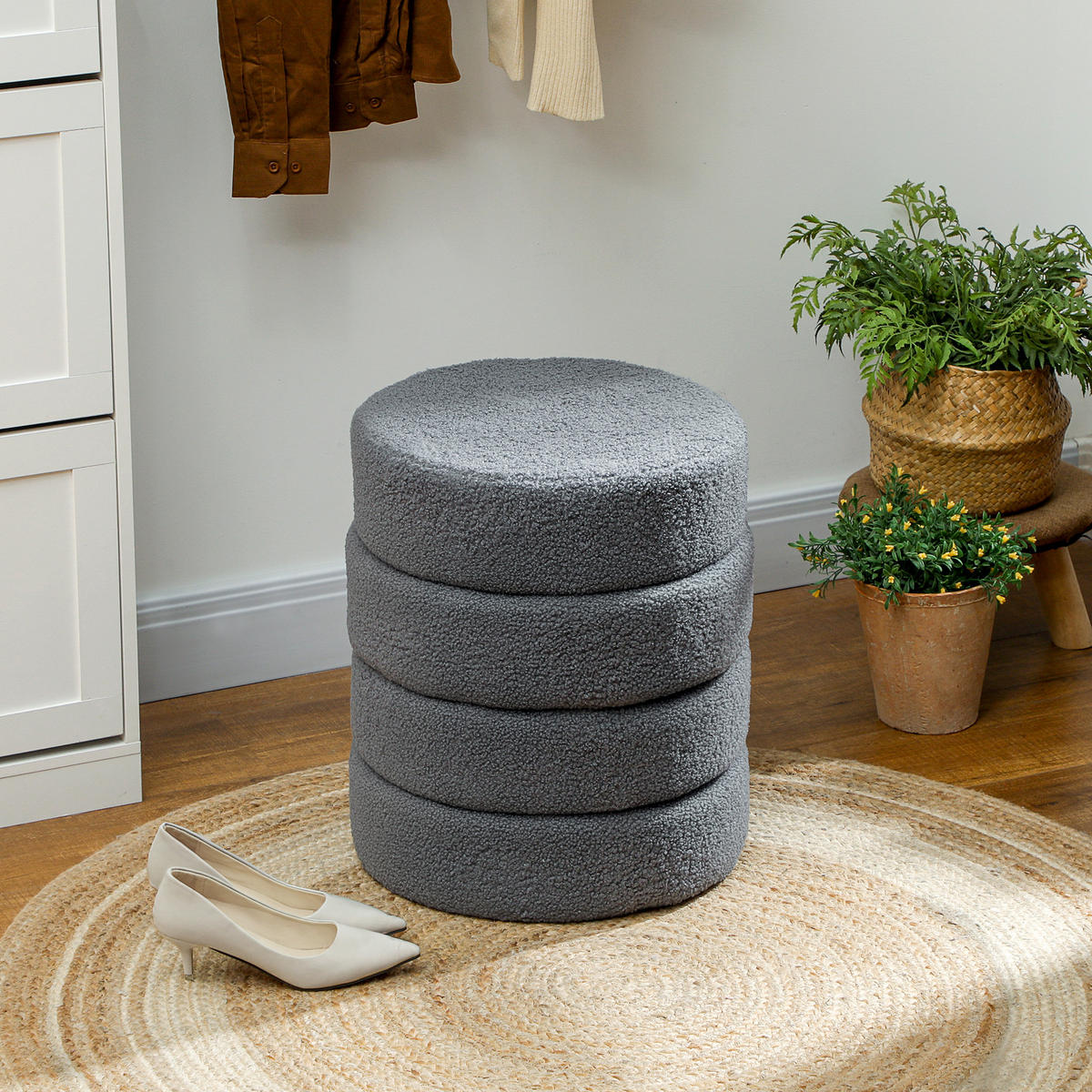 SITZHOCKER, Fußhocker, Runder Polsterhocker, Fußstütze mit Sitzkissen - Dunkelgrau/Naturfarben, Holz/Textil (40/45/40cm) - HOMCOM