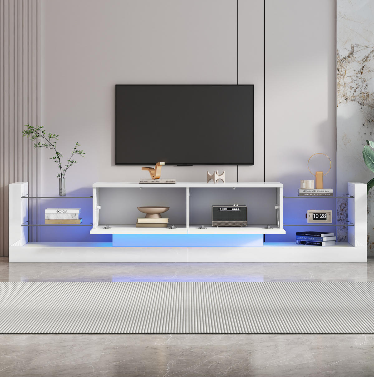TV-SCHRANK 181/38/38 cm weiß Spanplatte mit LED-Beleuchtung und zwei klappbaren Schubladen - Weiß, Holzwerkstoff (181/38/38cm) - OKWISH