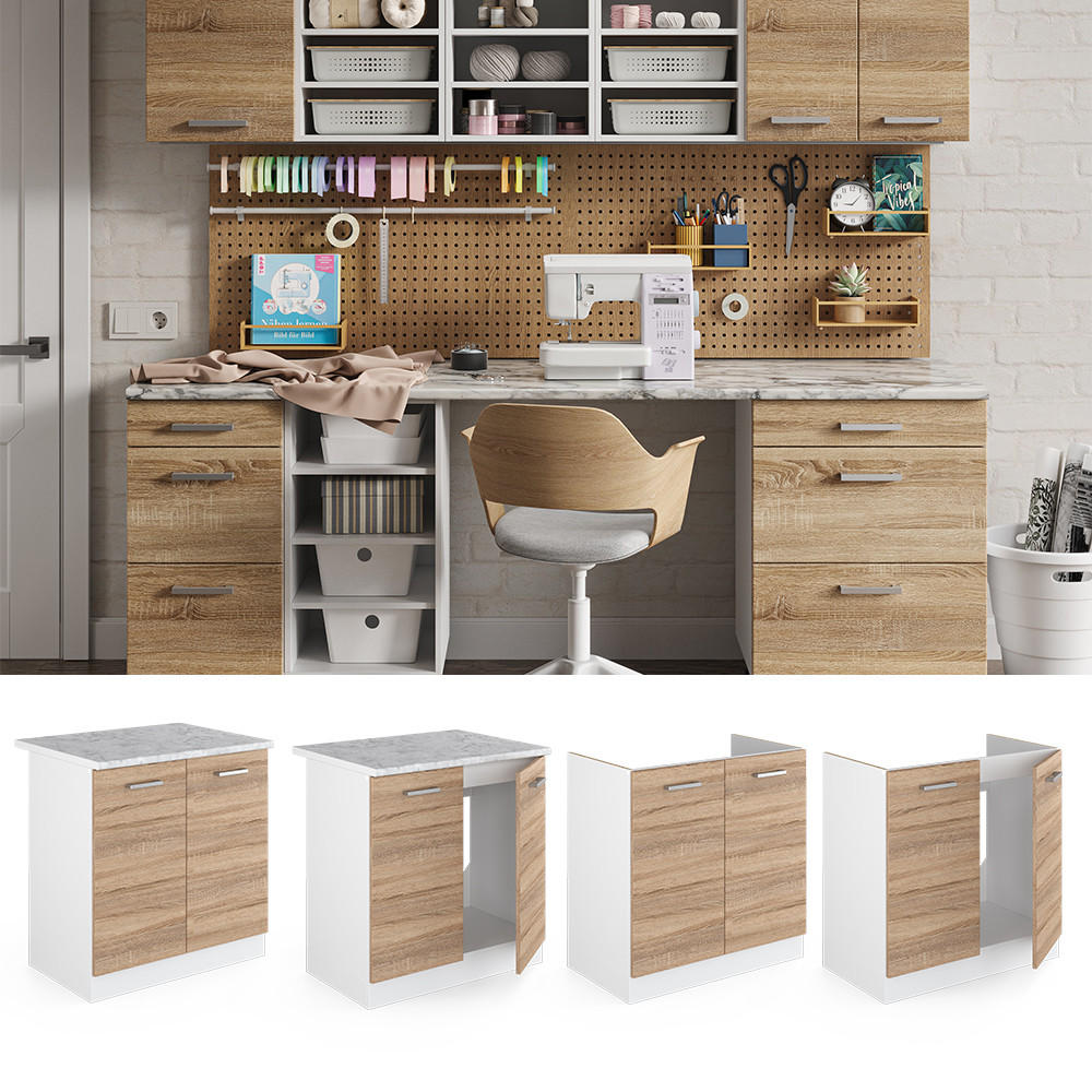 SPÜLENUNTERSCHRANK R-Line Sonoma 80 cm mit Türen, mit Arbeitsplatte - Weiß/Sonoma Eiche, Holzwerkstoff (80/81.6/60cm) - Vicco