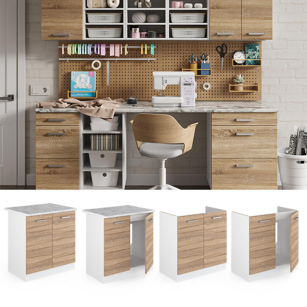 SPÜLENUNTERSCHRANK R-Line Sonoma 80 cm mit Türen, ohne Arbeitsplatte - Weiß/Sonoma Eiche, Holzwerkstoff (80/81.6/46cm) - Vicco