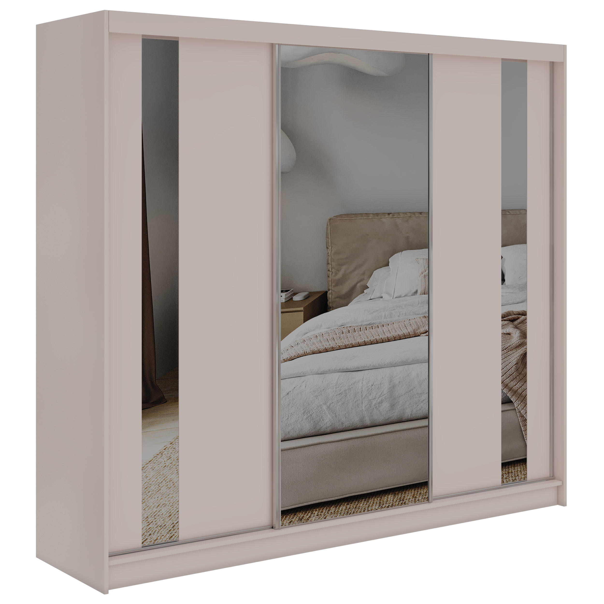 SCHWEBETÜRENSCHRANK mit Schubladen 240 - GRECJA - Kaschmir mit Spiegel - Kaschmir/Alufarben, Holzwerkstoff/Metall (240/216/61cm) - MKS