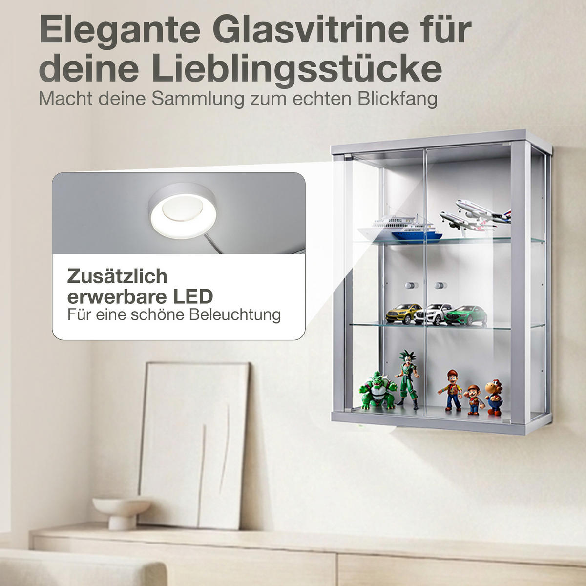 HÄNGEVITRINE 25/60/80 cm mit 2 höhenverstellbaren Glasböden - Transparent/Silberfarben, Glas/Holzwerkstoff (60/80/25cm) - K-Möbel