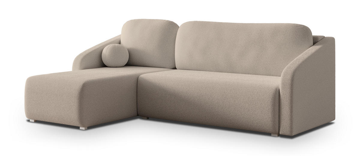 ECKSOFA MARELLO Beige Boucle-Stoff mit Schlaffunktion - Beige, Holz (220/143cm) - MASSENO