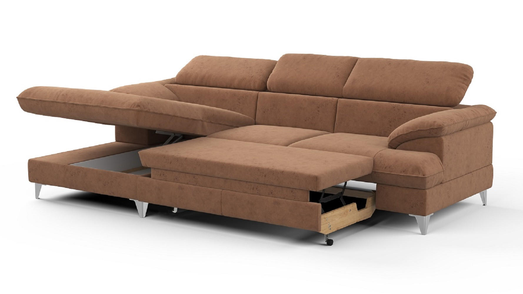 ECKSOFA mit Schlaffunktion und Bettkasten, verstellbare Kopfstützen - Chromfarben/Braun, Textil/Metall (254/167cm) - Cotta