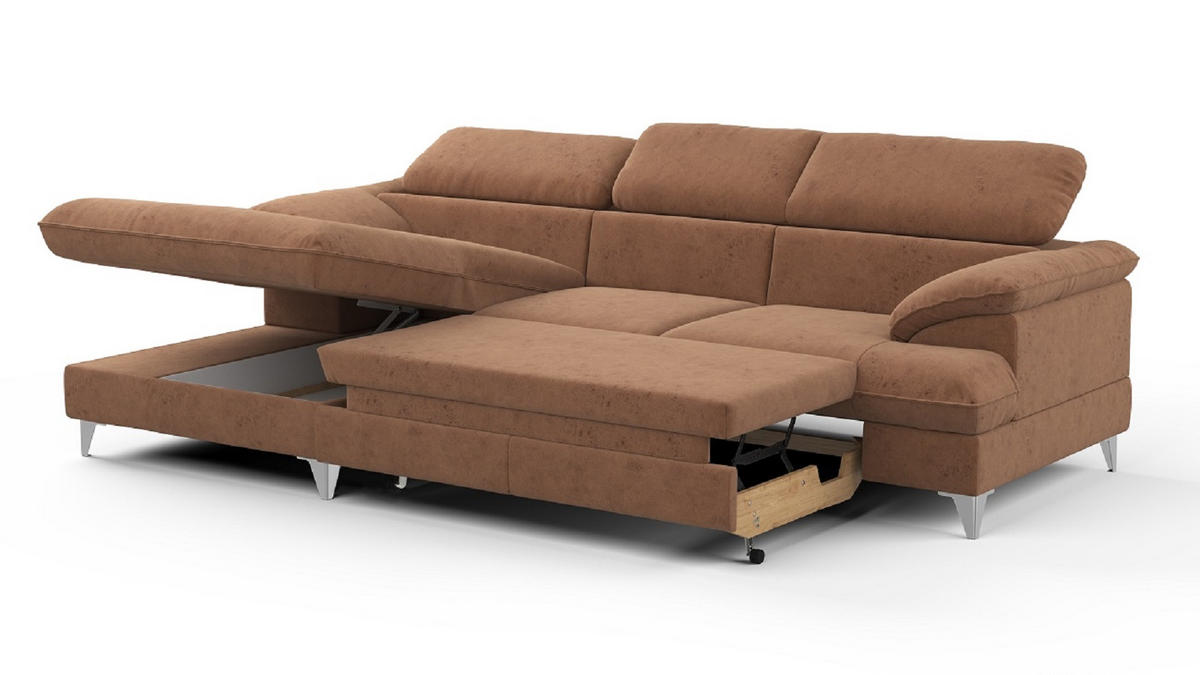 ECKSOFA mit Schlaffunktion und Bettkasten, verstellbare Kopfstützen - Chromfarben/Braun, Textil/Metall (254/167cm) - Cotta