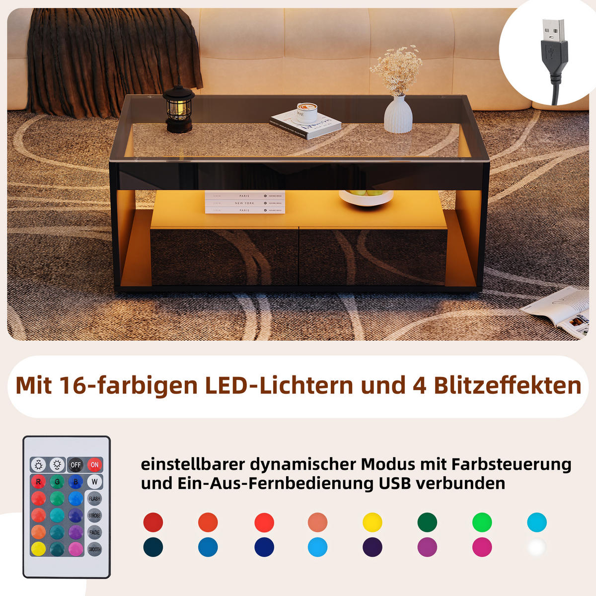 COUCHTISCH 16-Farben LED 2 Schubladen Glas Hochglanz Schwarz - Schwarz, Holzwerkstoff (110/50/40cm) - FLIEKS